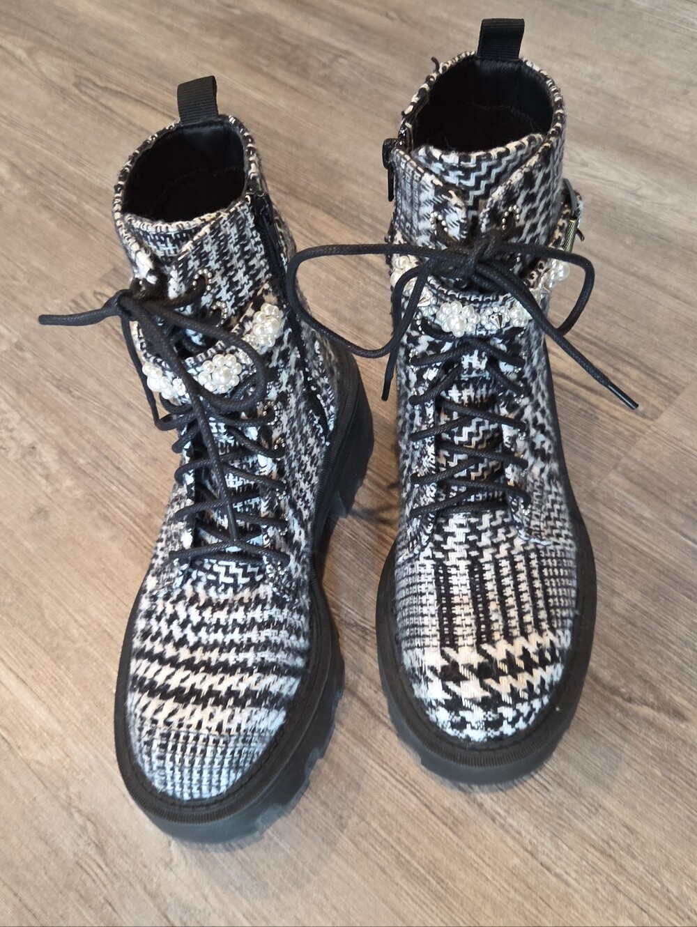 Betsey Johnson Black & White Houndstooth Pearl-Embellished Lace-Up Boot - Picture 4 of 13